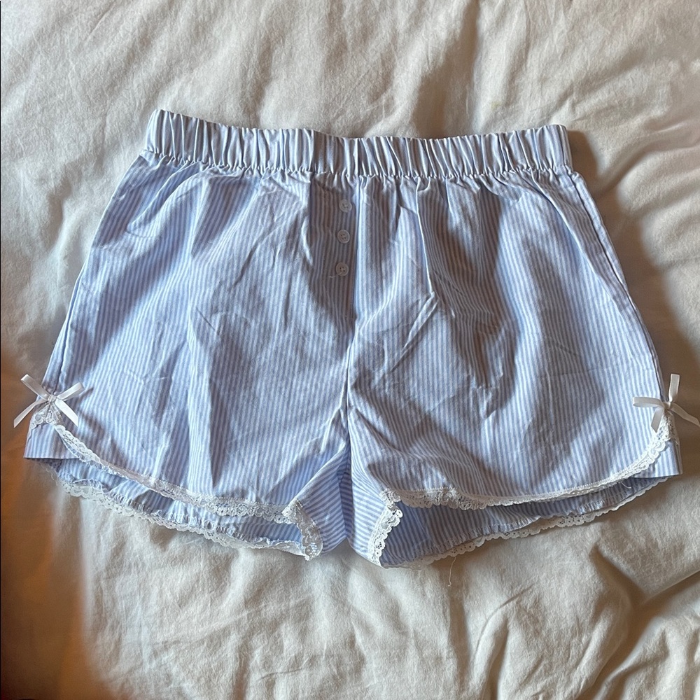 Blue Striped Boxer style Shorts with Lace Trim